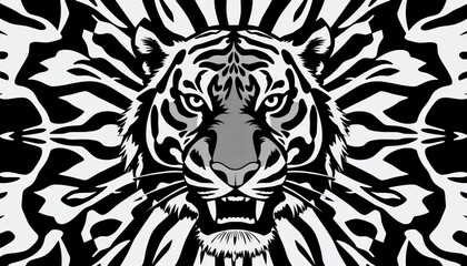 Fototapeta premium Bold symmetrical tiger head in striking black and white repeating pattern, surface, repeat