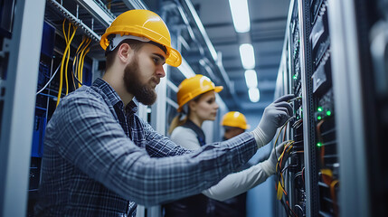 Technicians in Hard Hats Working on Server Racks in a Data Center