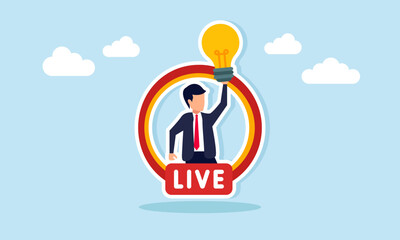 Businessman holding light bulb inside circle with live text representing business idea inspiration