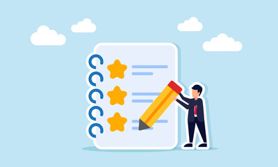 Businessman writing with pencil on document featuring star icons representing business quality improvement notes
