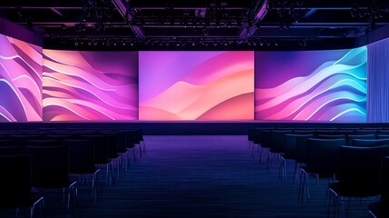 Empty conference hall with modern stage design and elegant chairs