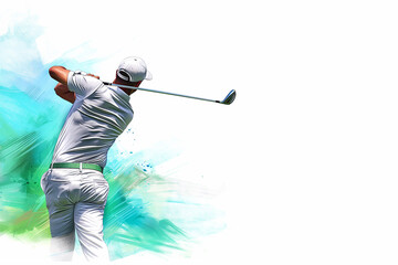 A focused golfer in mid-swing, exploding with energy and precision, symbolizing mastery, motion, and the pursuit of perfection in every stroke.