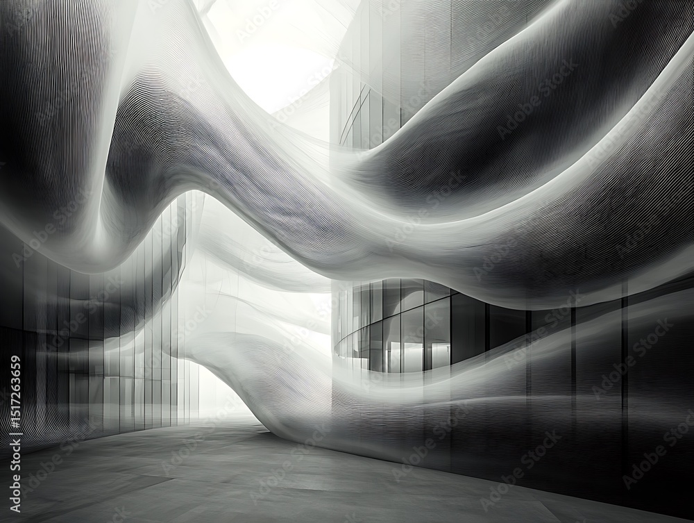 Fototapete abstract architectural rendering featuring flowing shapes and ethereal light