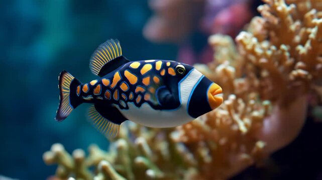 Clown triggerfish swims happily underwater displaying vibrant colors against coral reef backdrop