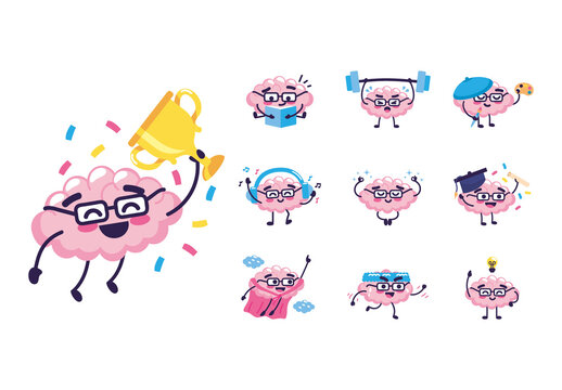 Colorful Brain Character Emotions Creativity Education Illustrations Set