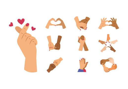 Colorful Diversity Hands Unity Friendship Love Illustrations Set