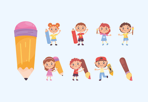 Colorful And Yellow Kids School Drawing Pencil Paint Illustrations Set