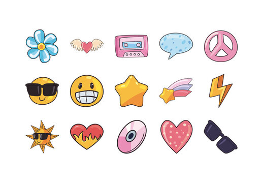 Colorful Retro Emojis Funky Illustrations Set