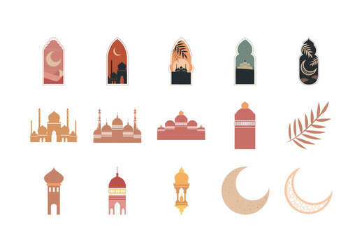 Colorful Mosque Islamic Culture Eid Festival Icons Set