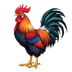 Fototapeta premium Colorful rooster with vibrant plumage isolated on white background, a proud farm animal