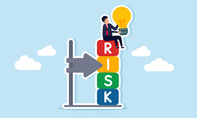 Fototapeta premium Businessman sitting on risk indicator block holding lamp illustration of risk calculation in applying business ideas