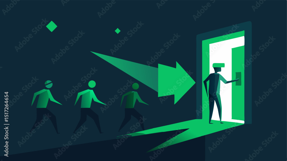 Poster a luminous green arrow glows brightly directing attention to an open door with shoppers animatedly e