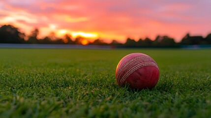 Cricket ball on a grassy field at sunset.
