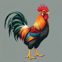Fototapeta premium Colorful rooster with vibrant plumage isolated on white background, a proud farm animal