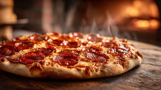 Freshly Baked Pepperoni Pizza Steaming Hot from Wood Fired Oven