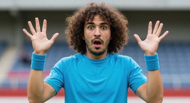 Astonished Athlete in Blue Shirt with Hands Raised at Stadium