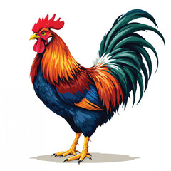 Fototapeta premium Colorful rooster with vibrant plumage isolated on white background, a proud farm animal