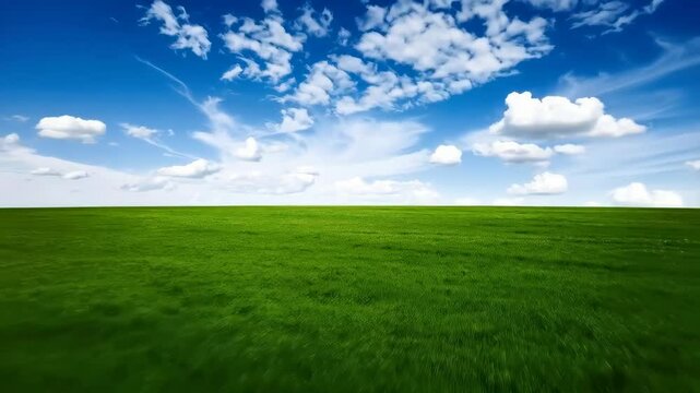 A vast green grass meadow under a bright blue sunny sky with fluffy white clouds on the horizon offering a sense of openness and natural beauty