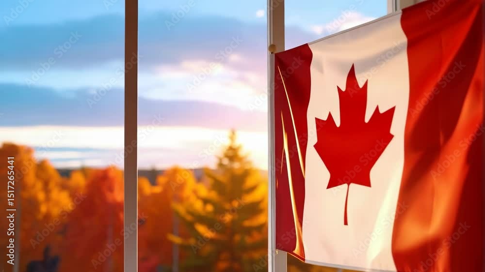 Poster canadian flag displayed in front of a window with a view of autumn trees and a bright sun setting on