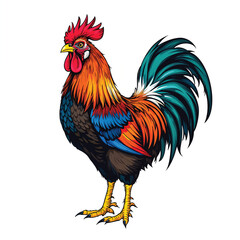 Fototapeta premium Colorful rooster with vibrant plumage isolated on white background, a proud farm animal