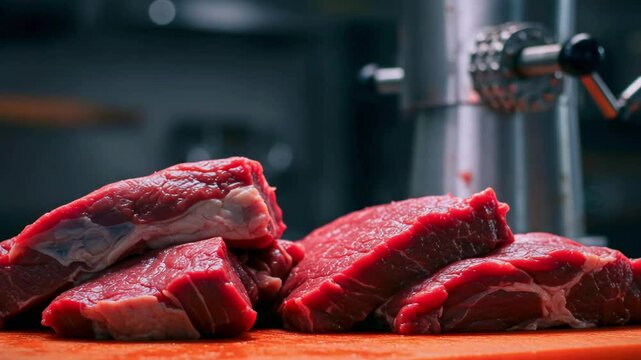 Freshly cut beef steaks arranged on a wooden chopping board in a kitchen with cooking tools in the background