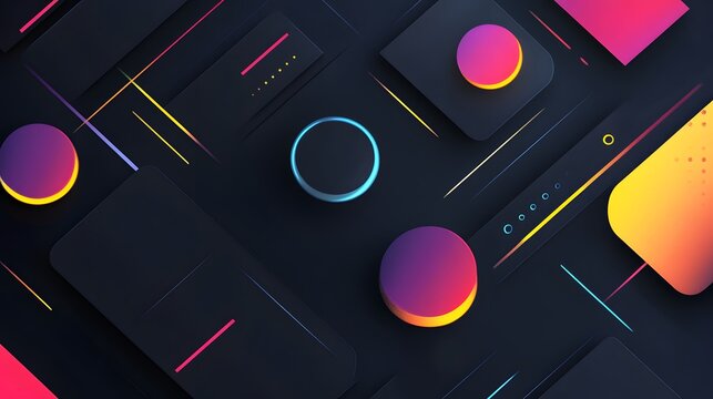 Colorful geometric shapes on a dark background.