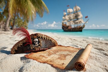 Pirate Hat and Treasure Map on Tropical Beach with Ship in Background