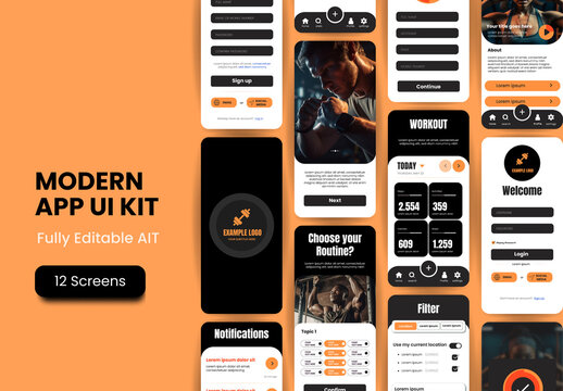 Black And Orange Fitness Gym Training Workout Mobile UI UX Template