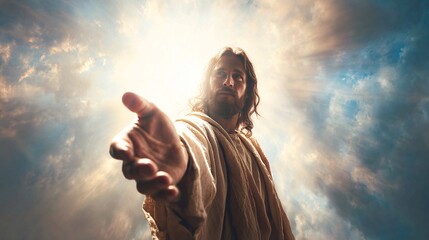 Divine Hand of Jesus Christ Extending a Helping Hand from Heavenly Light