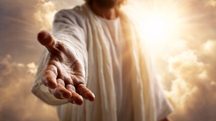 Divine Hand of Jesus Christ Extending a Helping Hand from Heavenly Light