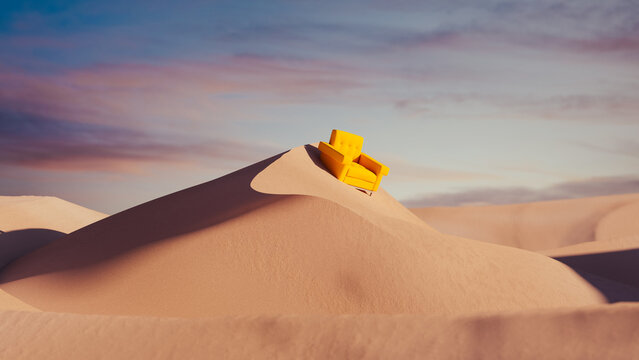 Lonely armchair rests on a warm desert dune under a twilight sky