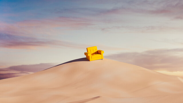Fototapeta Lonely armchair rests on a warm desert dune under a twilight sky