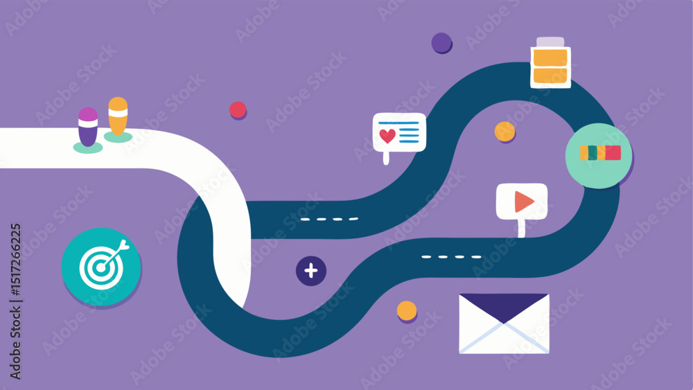 Poster customer journey mapping an illustration depicting a winding road where various touchpoints emails s