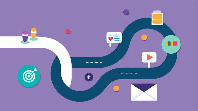 Customer Journey Mapping An illustration depicting a winding road where various touchpoints emails social media web pages are marked showing AI charting the customer journey based