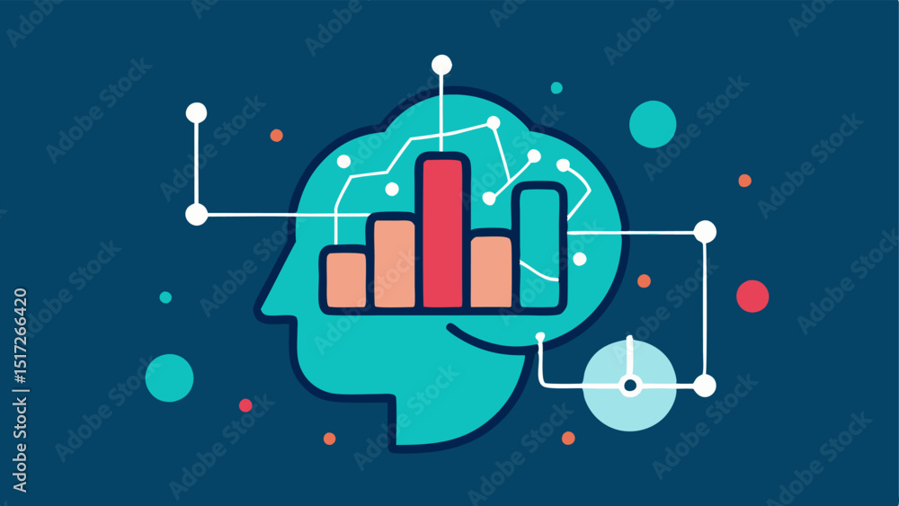 Poster ai brain with charts an illustration featuring a stylized ai brain surrounded by bar and line charts