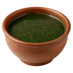 Traditional Molokhia Soup in Earthy Bowl Ready for Serving with Fresh Ingredients and Herbs