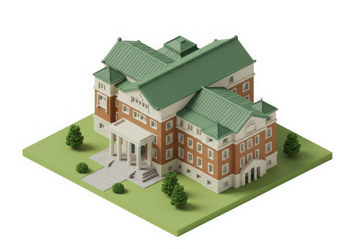 Isometric Illustration of a Classic University Building with Green Roof and Brick Facade, Representing Education, Architecture, and Campus Life in a Miniature Style