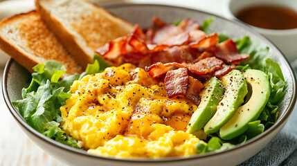 Scrambled Eggs with Bacon, Avocado, and Toast in a Bowl