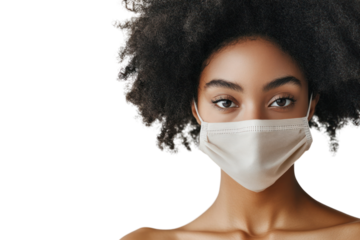Woman Wearing a Face Mask: A close-up portrait of a young woman with dark skin and a large afro hairstyle, wearing a light-colored face mask. Her gaze is direct and engaging.