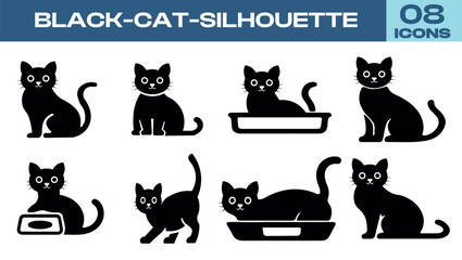 Cat and Litterbox Silhouette, Pet Care Icon Set, Domestic Cat Poses, Sitting Cat, Flat Vector Cats