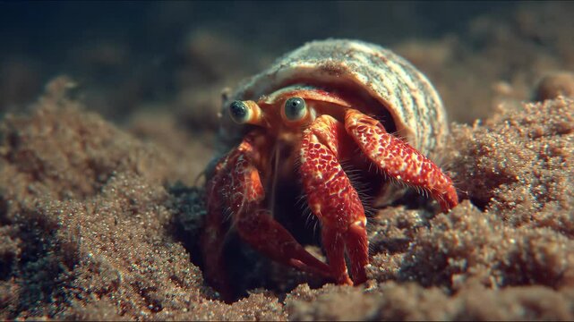 Hermit crab emerges from its shell onto brown sandy seabed exploration