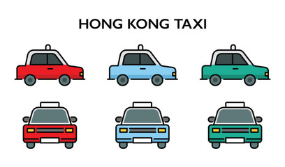 Hong Kong taxi flat icon bundle featuring side and front views in three distinct colors – red, blue, and green, representing different regions, accurately depicting the city's iconic urban transport. © LeWen