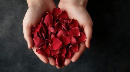 Closeup of red rose petals gently covering a sweetheart s hands, intimate softfocus shot