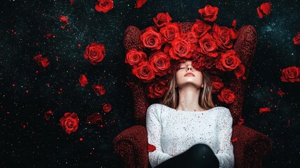 Cosmic sweetheart floating in space while clutching a bouquet of stardustcovered red roses, fantasy dreamscape