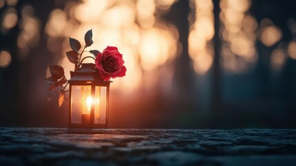 Nighttime scene with sweetheart illuminated by lantern light, holding a glowing red rose bouquet