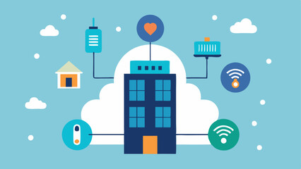 Naklejka premium IoT Sensors in Action An illustration of various IoT sensors p around a smart building temperature humidity motion displaying data being transmitted to a central hub.