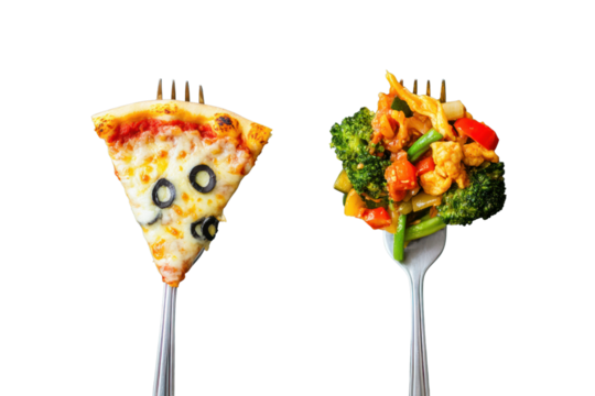 Forkful Choices: Two forks present a slice of pizza and a healthy veggie medley, visually embodying the simple choice between indulging and nourishing for modern audiences.