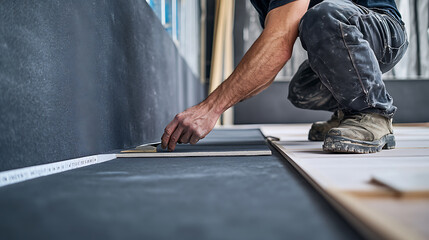 Worker Measuring and Cutting Material for Installation