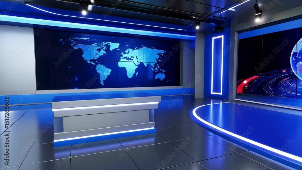 Poster Virtual television studio with world map and globe displayed on large video screens creating a modern broadcast set environment