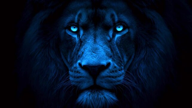 Majestic blue lion portrait with piercing eyes against a dark background, symbolizing strength and power